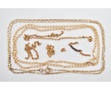 THREE CHAINS, to include a 9ct gold fine curb link chain, fitted with a spring clasp, hallmarked 9ct London, length 450mm, a 