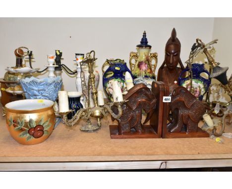A GROUP OF LIGHT FITTINGS, VASES, BOOK ENDS, ETC, including late 19th / early 20th century pottery twin handled vases, a gold