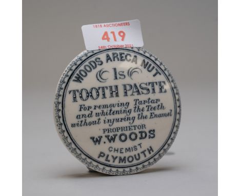 A ceramic paste pot lid Woods Areca Nut Tooth Paste, by W.Woods Chemist Plymouth. Lid in excellent condition no chips damage 