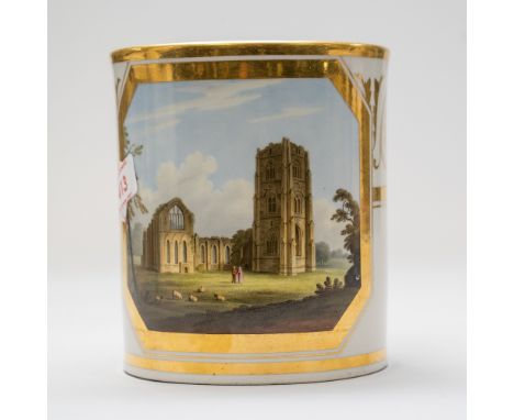 A large sized antique porcelain mug or cup by Flight Barr and Barr Royal Works Worcester, having a hand painted panel depicti