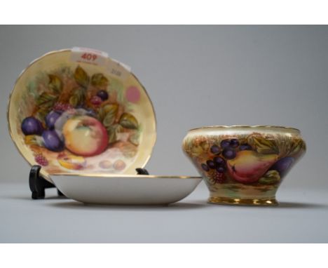 Three ceramic pieces by Aynsley in the Orchard Gold design including one pin dish stamped D Jones, having had damage and repa