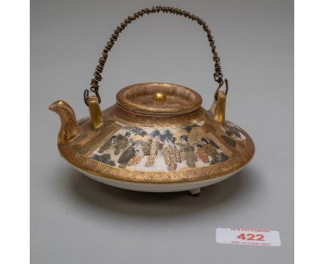A Japanese saki or tea pot of squat form in a traditional Satsuma ware palette, highly decorated with three panels of samurai