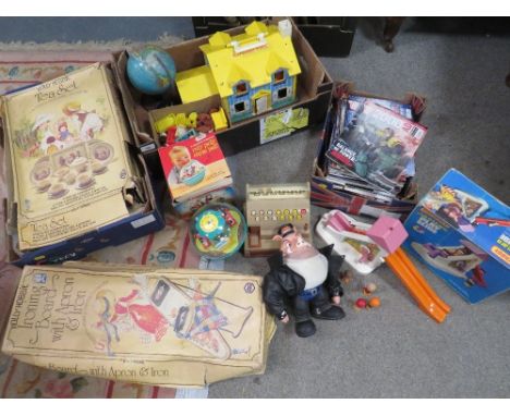 Three trays containing various 1970s vintage toys, some boxed, to include Fisher Price, Matchbox, Holly Hobbie, Harley Davids