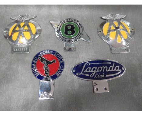 A 1959 Automobile Association car badge, a 1960 Automobile Association car badge, a 1974 Midlands Rolls Royce car badge, a 19
