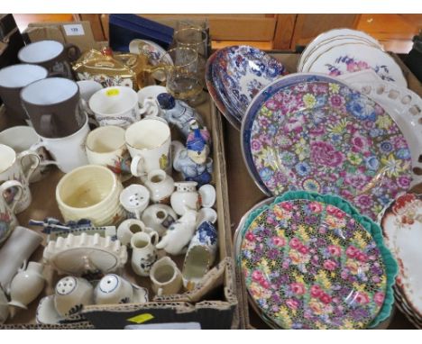 Two trays of assorted ceramics to include Wedgwood cabbage leaf plates, Royal Albert, Royal Winton Chintz etc