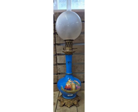 19th century large porcelain Victorian scene panel oil lamp with fitted glass funnel &amp; shade [80cm high] 