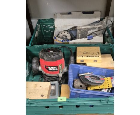 Two boxes of power tools &amp; accessories; angle grinder &amp; router