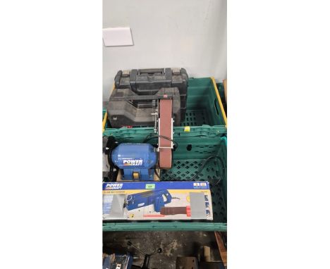 Two boxes of power tools; belt sander &amp; drills