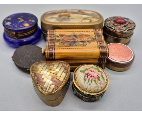 A Selection of various sized pill and trinket boxes; Parquetry Single drawer box, Mozer style blue glass and hand painted pre