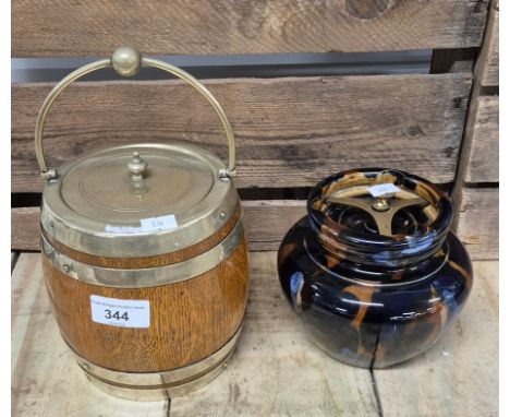 Scottish pottery- possibly Dunmore pottery Tobacco jar together with an oak biscuit barrel with plated lid and swing handle 