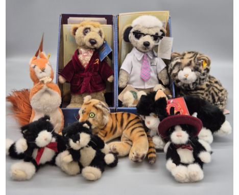 A collection of various collectables teddies; two Steiff German Teddies- Squirrel &amp; cat, compare the meerkat plushies &am