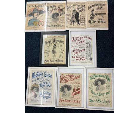 A Collection of Framed early 20th century Art Nouveau Theatre/ music covers; "There ain't going to be any Ragtime, You'll cal