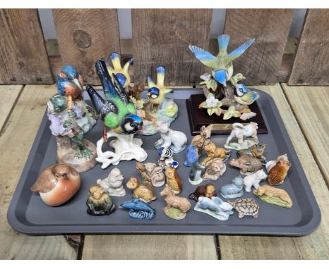 A Tray of collectables Sitzendorf Germany frog playing flute figure, Wade whimsies &amp; other items