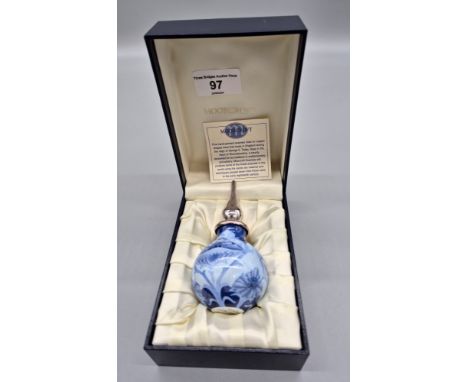 Moorcroft Enamel perfume scent bottle "Florianware" blue poppy design. Comes with original box. [12cm high]