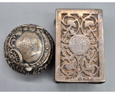 Birmingham silver decorative raised relief snuff box with Birmingham silver matchbox holder. Snuff made by Levi &amp; Salaman