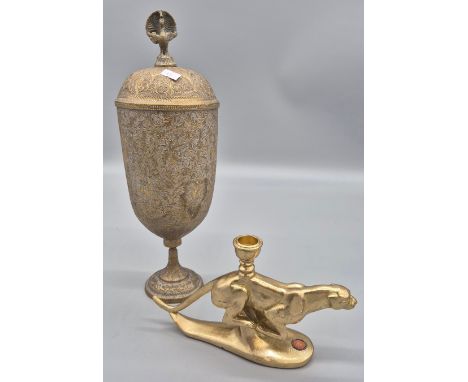 Highly details engraved Indian brass preserve vase with lid together with Jaguar figural candle stick 