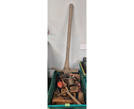 A crate of antique wood planes &amp; vintage pick axe