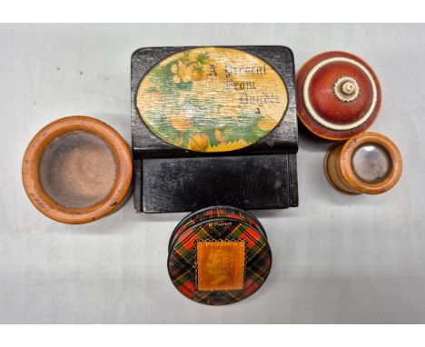 A Selection of collectable pill and pocket watch boxes; Mauchline ware pocket-watch holder, Mauchline Tartan ware "McPherson"