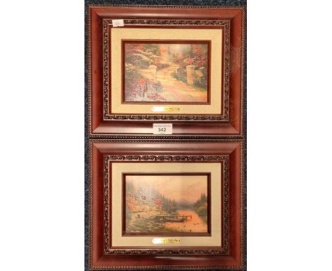 Two Thomas Kinkade prints fitted within mahogany frames titled "Spring gate" &amp; "The end of a perfect day" [26x31.5cm]