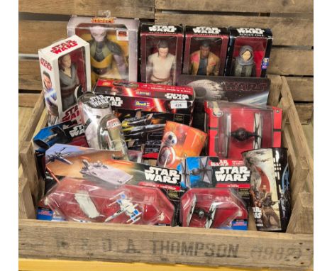 A collection of boxed star war figures &amp; small model ships; first order transporter, x wing set, tie fighters, boxed forc