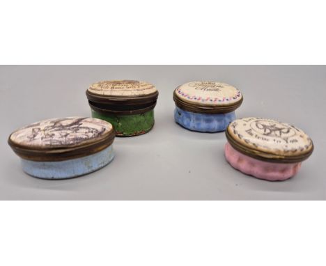 Four 18th/ 19th century enamel patch boxes. Three showing various sayings and one showing bird feeding chicks. [As found- see