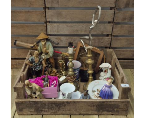 A Crate of collectables; Oriental figures, brass Candlesticks, Poole pottery vase &amp; other items