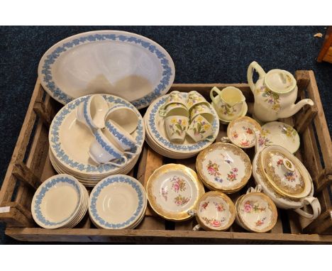 A crate of collectable tea ware; Hammersley tea set with tea pot, Wedgwood ,Royal Doulton flower pattern coffee service