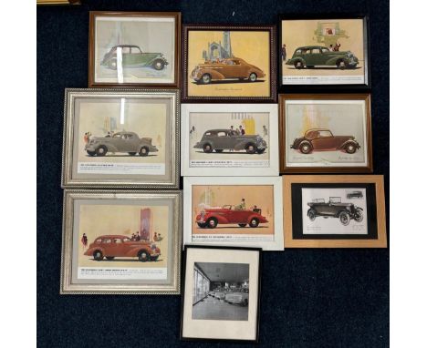 A Collection of framed original car brochure images of various classic cars; Austin Twenty, The Oldsmobile coupe, Studebaker 