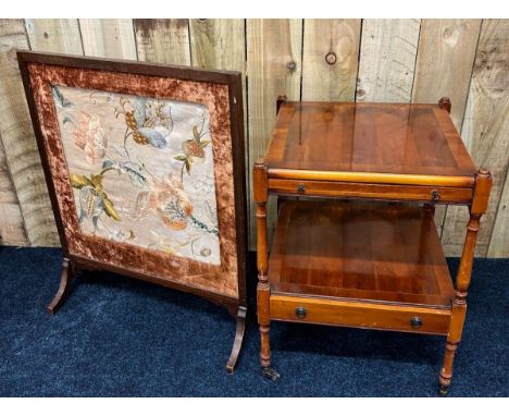 Yew wood drinks table with pull out shelf, Together with an antique tapestry firescreen.