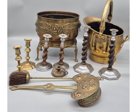 A selection of brass &amp; metal ware; Brass coal skuttle, brass double handled planter, Various pairs of candlesticks, brass