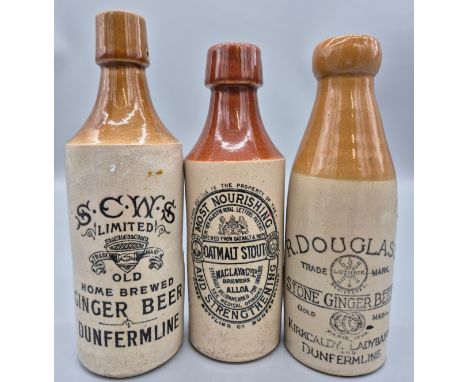 Three various Dunfermline Stout and ginger beer bottles; Oatmalt Stout- Globe Bottling, R. Douglas's Stone ginger beer- Gold 