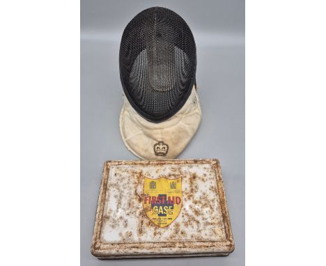 Vintage French fencing duel mask together with Wallace Cameron Co Glasgow Ltd first aid tin with contents 