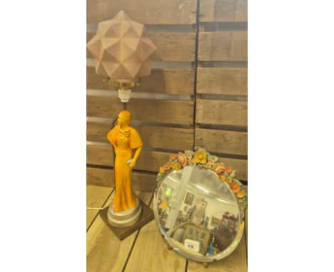 Art deco figural Table lamp with star shaped shade &amp; art Deco barbola mirror 