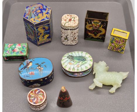 A Collection of Chinese cloisonne boxes, jade carved foo dog- leg broken, enamel frog design lidded pill box, Antique bird de