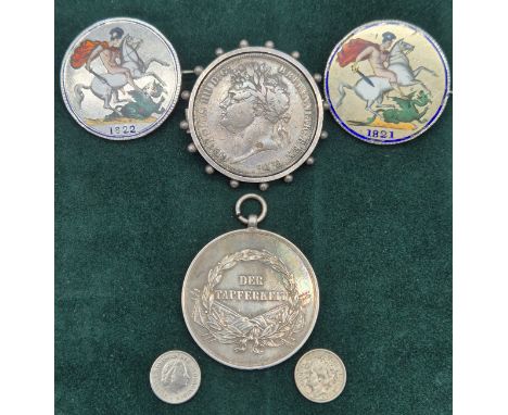 A Collection  Antique coins; 1821 &amp; 1822 silver and enamel worked George IIII Coins made into brooches. George IIII Silve
