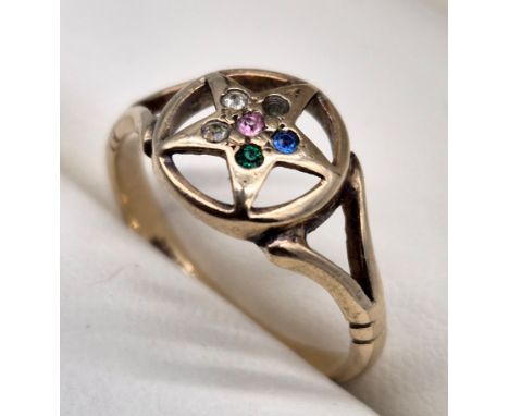 Birmingham 9ct yellow gold Masonic Eastern star ring fitted with various glass stones. [One missing] [2.04grams] [Ring size N