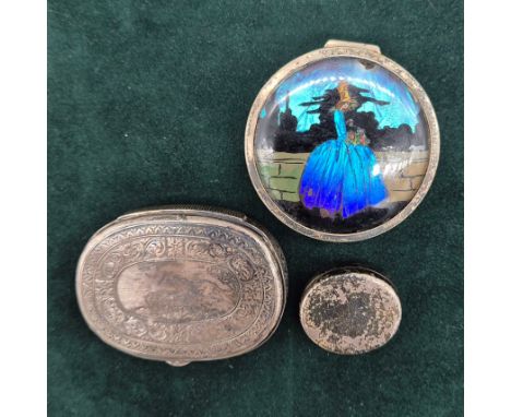 Three various antique snuff and compact boxes. Birmingham silver pill box, Victorian engraved snuff box depicting fox and orn