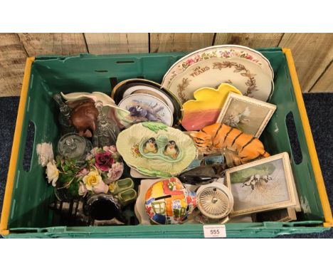 A crate of collectables; penguin cruet set, Poole pottery dolphin mid century bird scene pictures &amp; other items