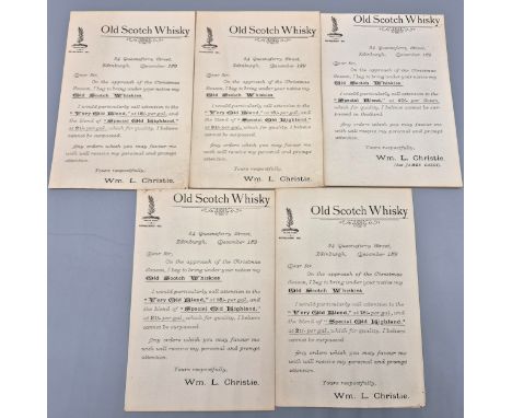 Five unused Old Scotch Whisky Salesman Christmas Letters. "Old Scotch Whisky" Established 1851. Edinburgh, December 189- no d