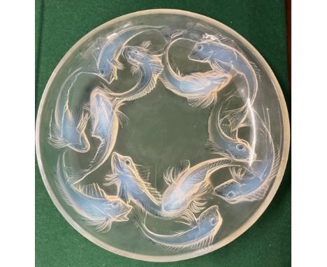 Rene Lalique Shallow bowl Martiques: Round and heavy moulded Opalescent bowl designed with swimming fish. Moulded R. LALIQUE 