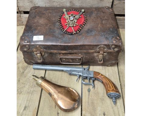 Vintage 1900s box with crest top containing gun flask &amp; replica display gun together with vintage card album 