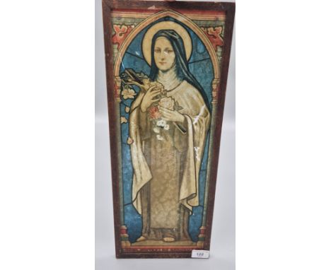 19th century religious printed and coloured stainglass panel "St Therese of Lisieux" has a wooden frame. [52.5x21cm]
