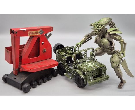 Tri-ang Crane toy &amp; 1970s Meccano military jeep together with Predator character iron sculpture 