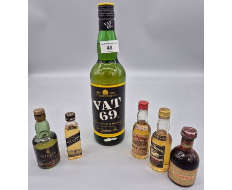 Vat 69 Finest Scotch Whisky and various Whisky miniatures- Glayva, The Dufftown- Glenlivet, Drambuie, Johnnie Walker and Inch