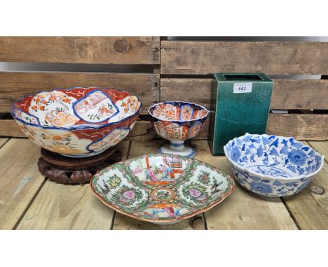 A collection of Chinese ware; Famille rose bird and figure panel scene plate, Chinese Imari design bowl on stand, Chinese gre