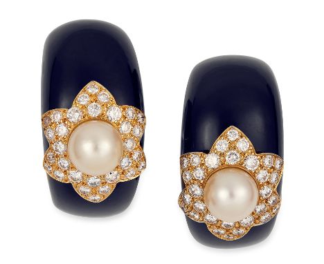 PEARL,&nbsp;ENAMEL AND DIAMOND EARRINGS, VAN CLEEF AND ARPELS in 18ct yellow gold, each comprising of enamel set with round c