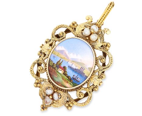 PEARL AND PAINTED ENAMEL MINIATURE PENDANT in high carat yellow gold, set with pearls and depicting a countryside scene, unma