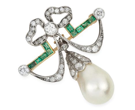 ANTIQUE ART DECO NATURAL SALTWATER PEARL, DIAMOND AND EMERALD BOW BROOCH in high carat yellow gold, set with old and rose cut