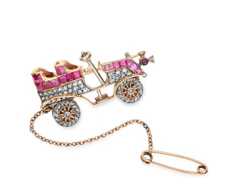 ANTIQUE RUBY AND DIAMOND NOVELTY CAR BROOCH in yellow gold, set with round and step cut rubies and old cut diamonds, unmarked