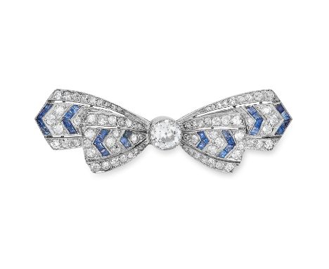 2.00 CARAT DIAMOND AND SAPPHIRE BOW BROOCH in 18ct white gold or platinum, set with round cut diamonds totalling approximatel